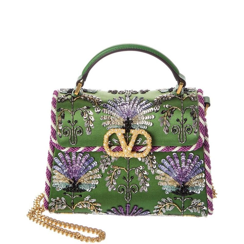Valentino Vsling Mini Satin & Leather Shoulder Bag, Green